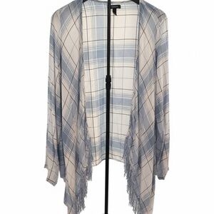 Torrid Blue and White Plaid Fringe Cardigan